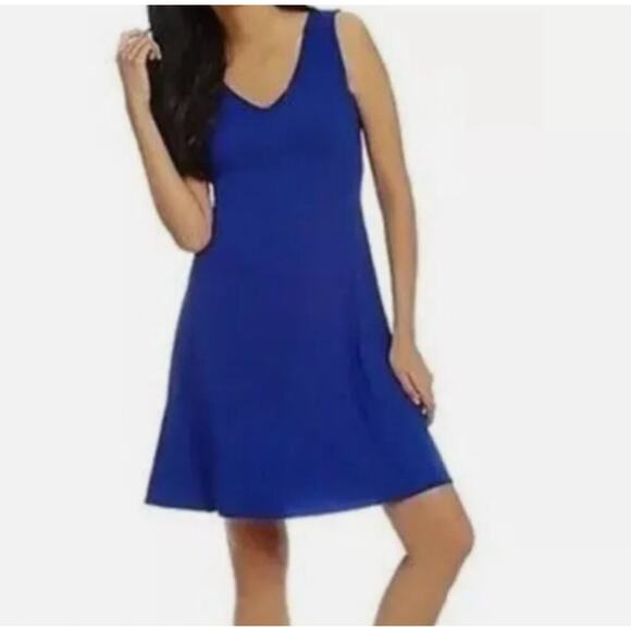 Eileen Fisher Adriatic Blue V-Neck Viscose Jersey Flare Dress XXS Minimalist‎ - Picture 1 of 9